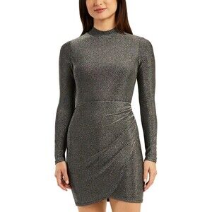 BCX Juniors’ Metallic Ruched Tulip-Hem Bodycon Dress, Silver, S (3/4-5/6)